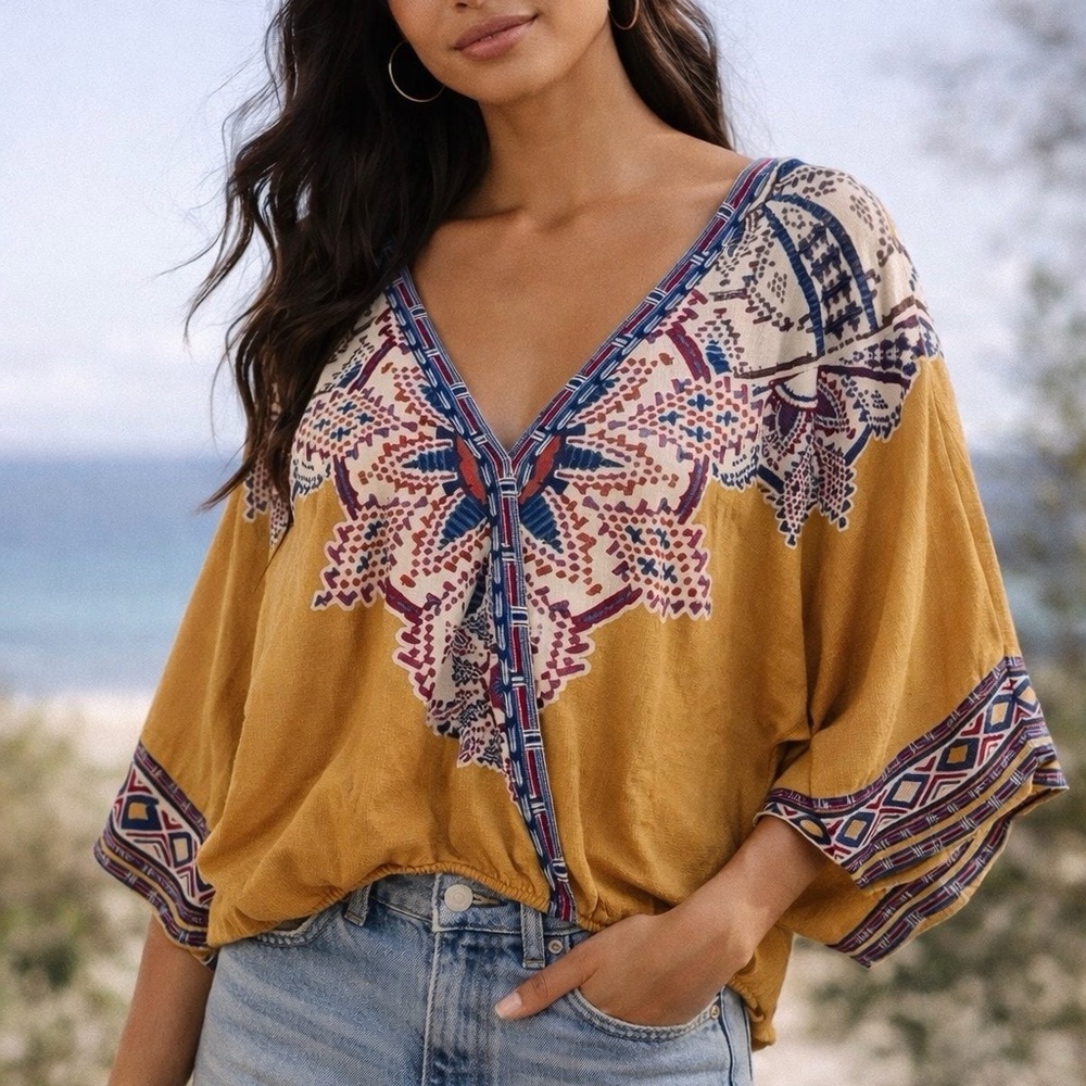 Flying Tomato Mustard Yellow Embroidered V-Neck Boho Top